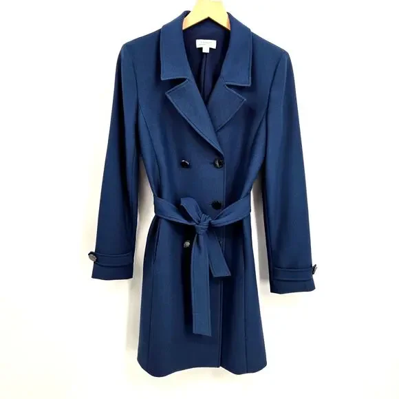 Tahari ASL 2 Belted Trenchcoat Coat Slate Blue Tie Midi Double Breasted Collared - Picture 3 of 12